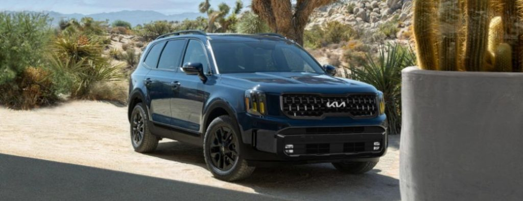 A 2024 Kia Telluride parked in a bleak desert of cacti and rocks