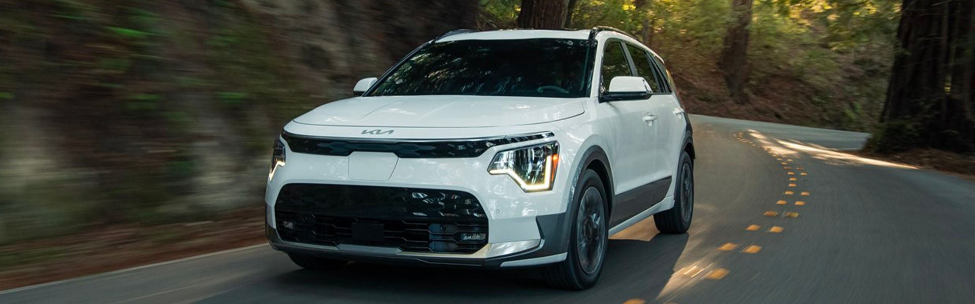 A white Kia Niro EV drives on a winding road through a forest. Trees blur in the background.