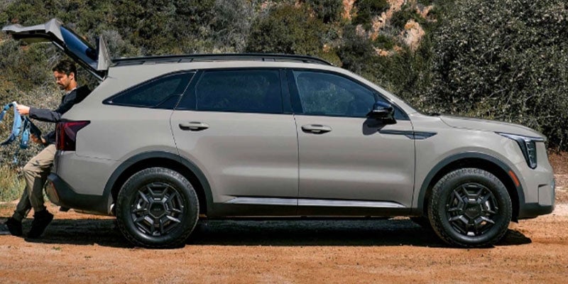 Silver Kia Sorento parked against a natural outdoor backdrop.