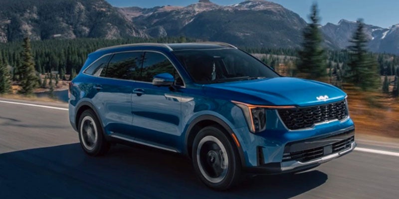 Blue SUV driving along a road with trees and mountains in the background.